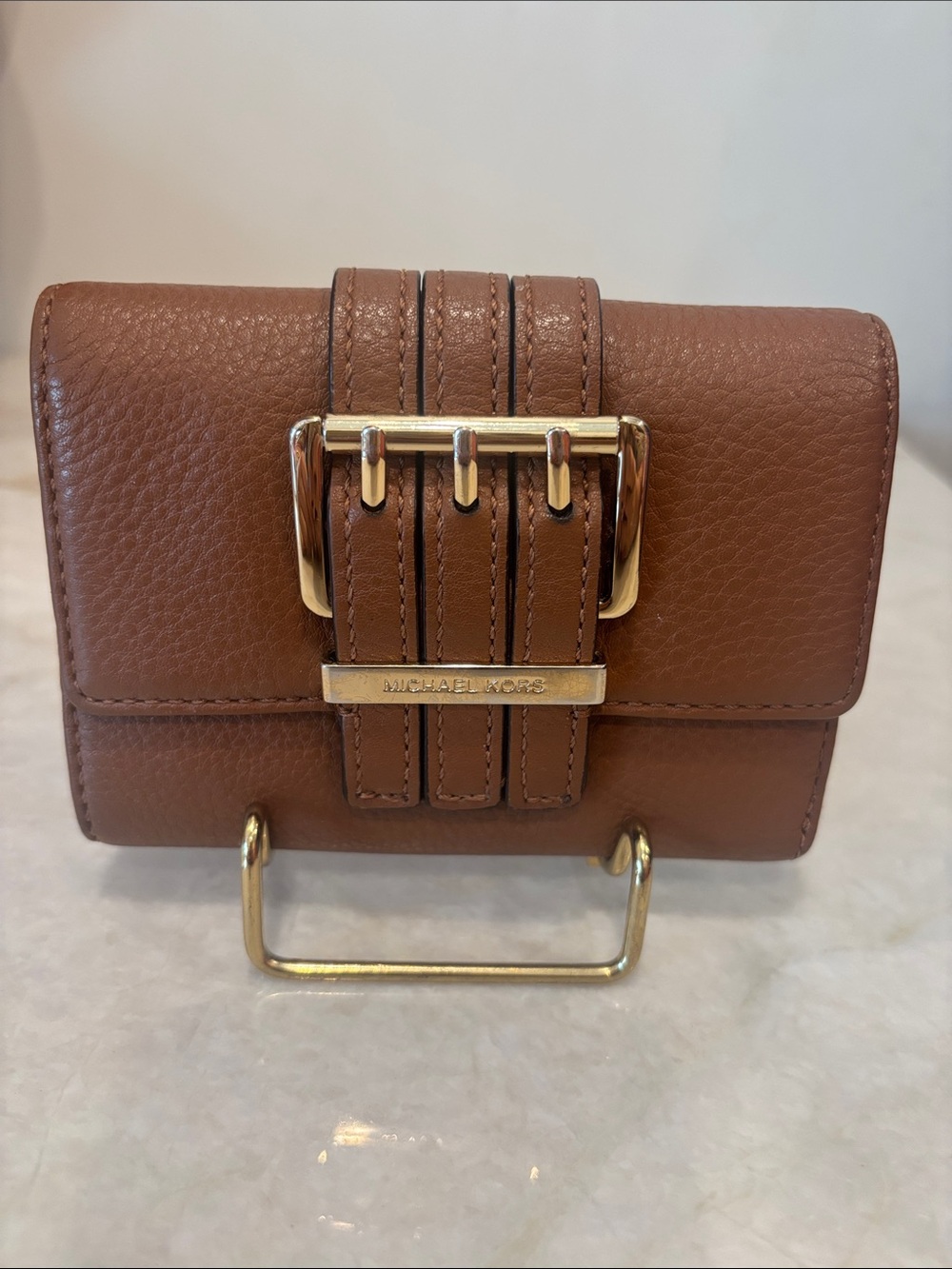 Michael Kors Tan Pebbled Leather Wallet with Gold Buckle